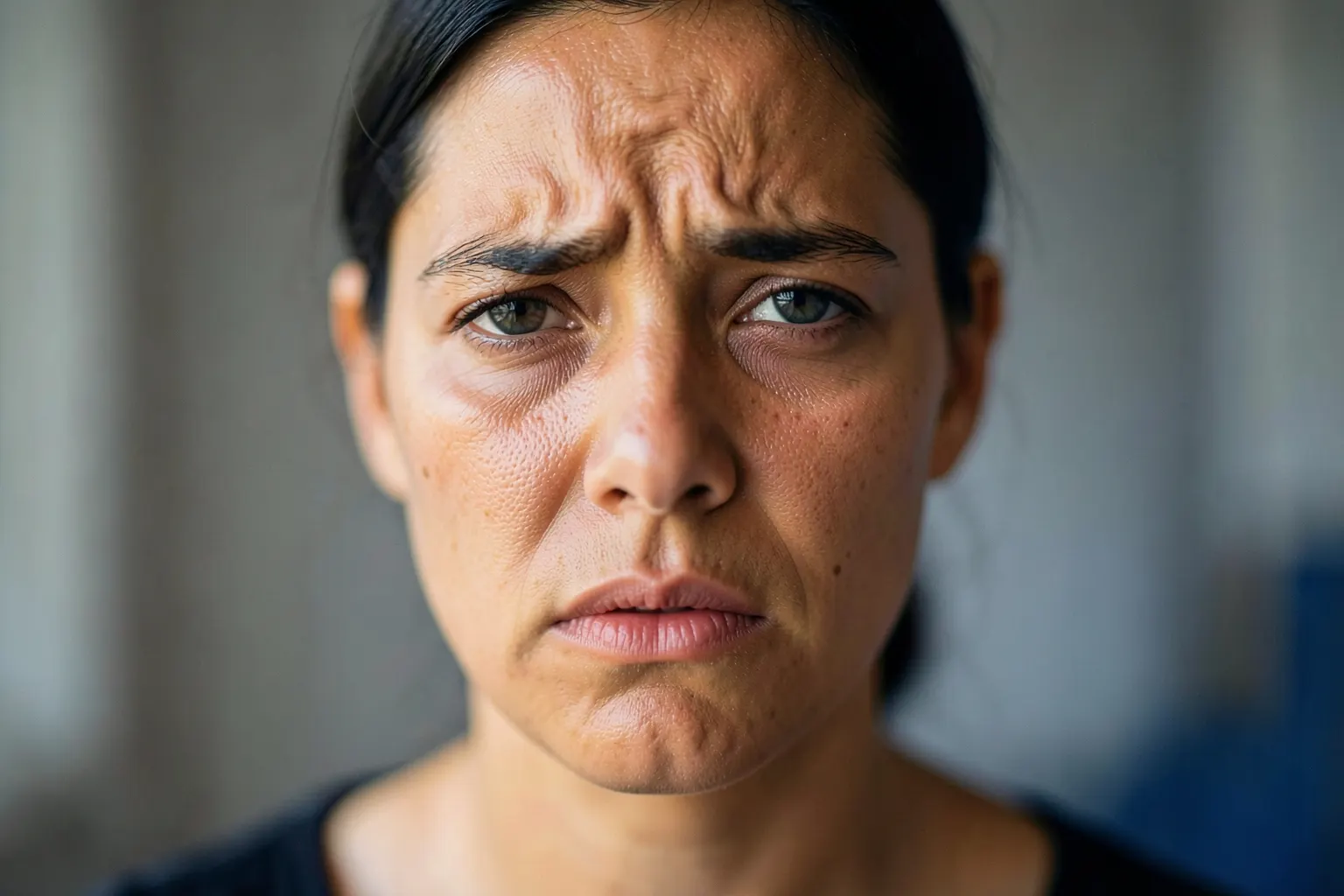 Mulher com dor visível, em close-up, com a palavra fibromialgia em destaque.