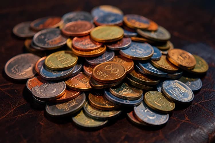 Uma variedade de moedas e notas de dinheiro de diferentes países, empilhadas e espalhadas sobre uma superfície escura, representando diversos tipos de benefícios financeiros.