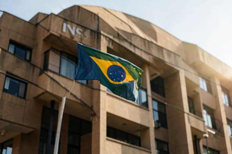 O prédio do INSS com a bandeira do Brasil em destaque, em um dia ensolarado, representando os benefícios concedidos pelo órgão.