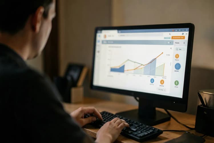 Uma pessoa simulada usando um computador para acessar um portal online, com gráficos de crescimento e ícones de dinheiro ao redor, representando a solicitação de benefícios.