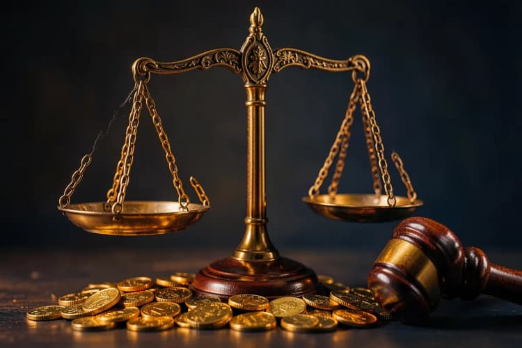 Uma balança de justiça equilibrada sobre moedas de ouro e um martelo de juiz, simbolizando a consultoria previdenciária e a garantia de direitos.