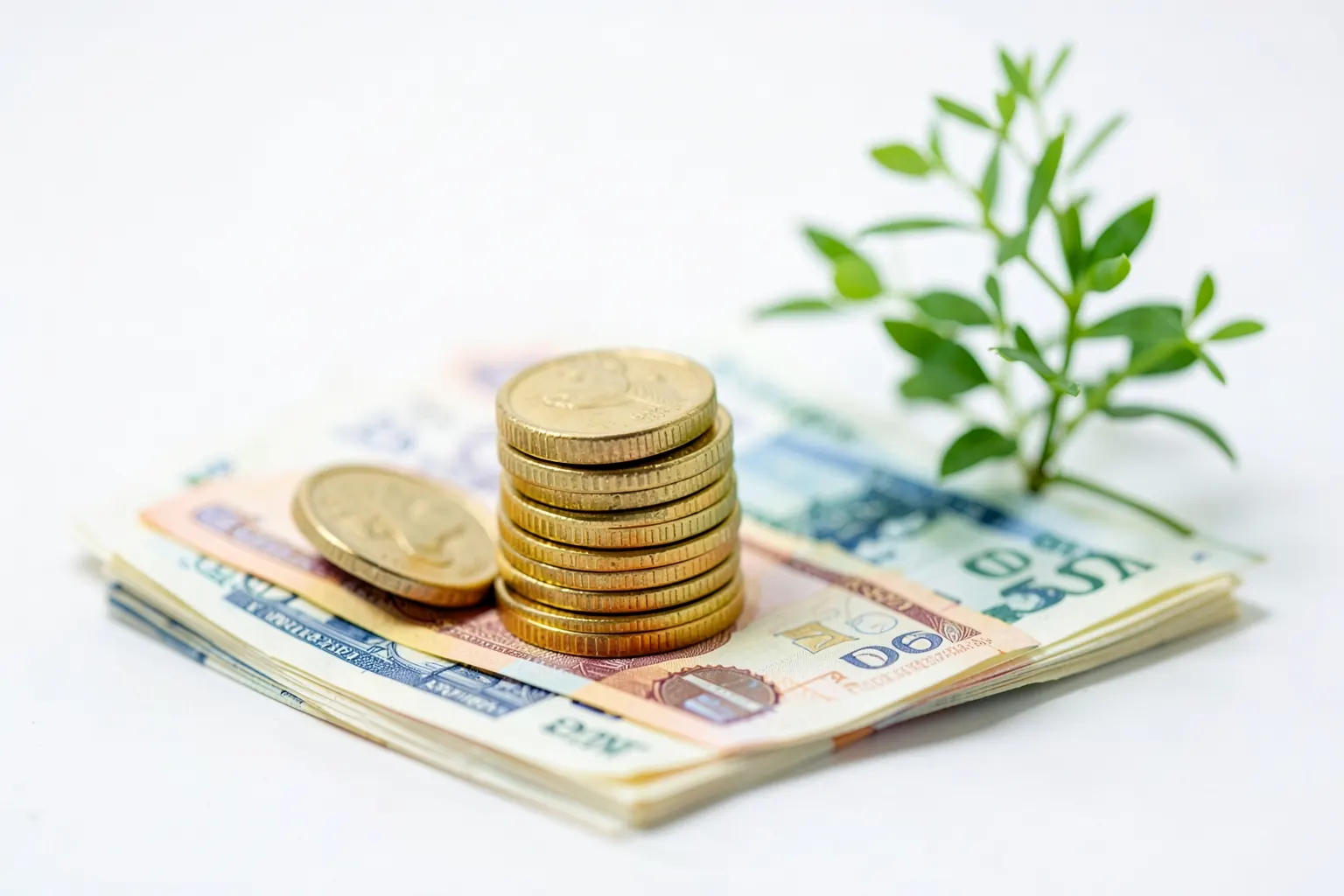Uma pilha de moedas de ouro e notas de dinheiro dobradas em um fundo branco, com uma planta crescendo ao lado, simbolizando crescimento financeiro e benefícios.