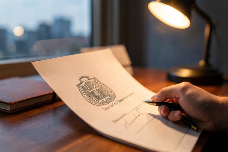 Uma mão segurando um documento com um carimbo oficial e uma caneta ao lado.