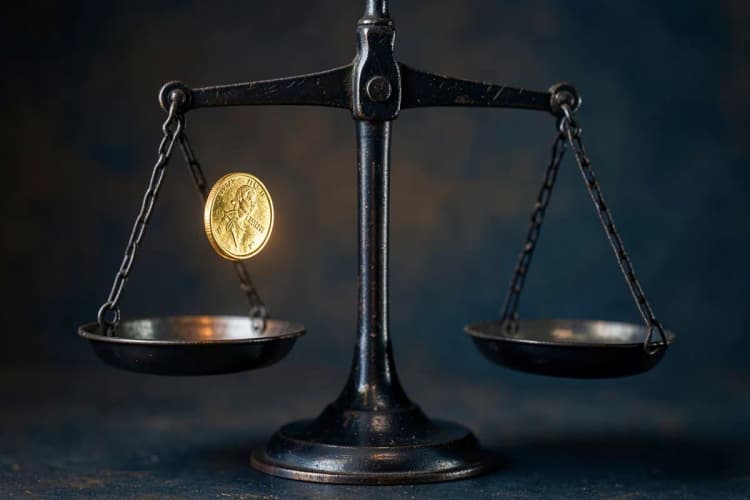 Uma balança de justiça com uma mão colocando uma moeda de ouro em um dos pratos.