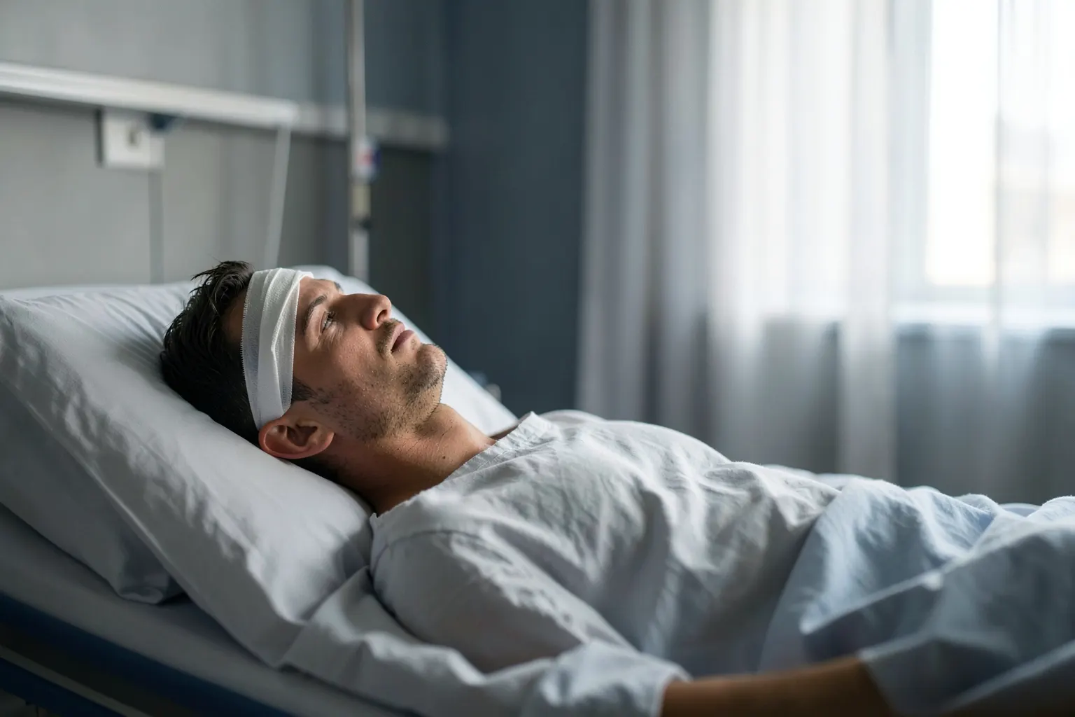 Um homem deitado em uma cama de hospital com um curativo na testa, olhando para o teto com uma expressão pensativa.