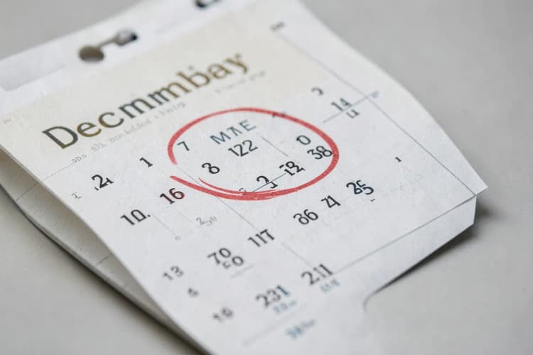 Um calendário com o mês de dezembro marcado, com uma caneta apontando para uma data específica.