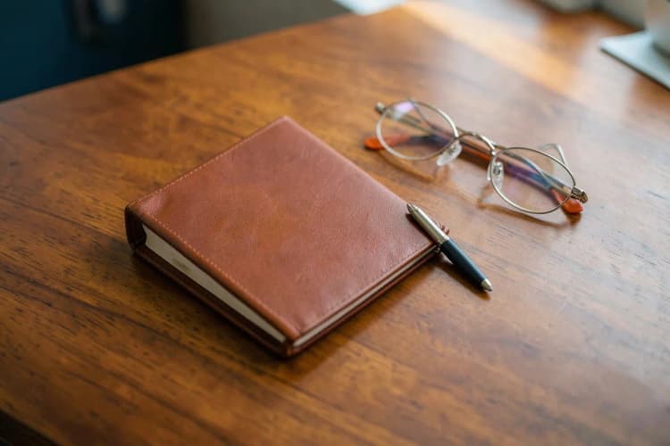 Uma mesa de escritório com um notebook fechado, um bloco de notas e uma caneta, sugerindo organização e planejamento.
