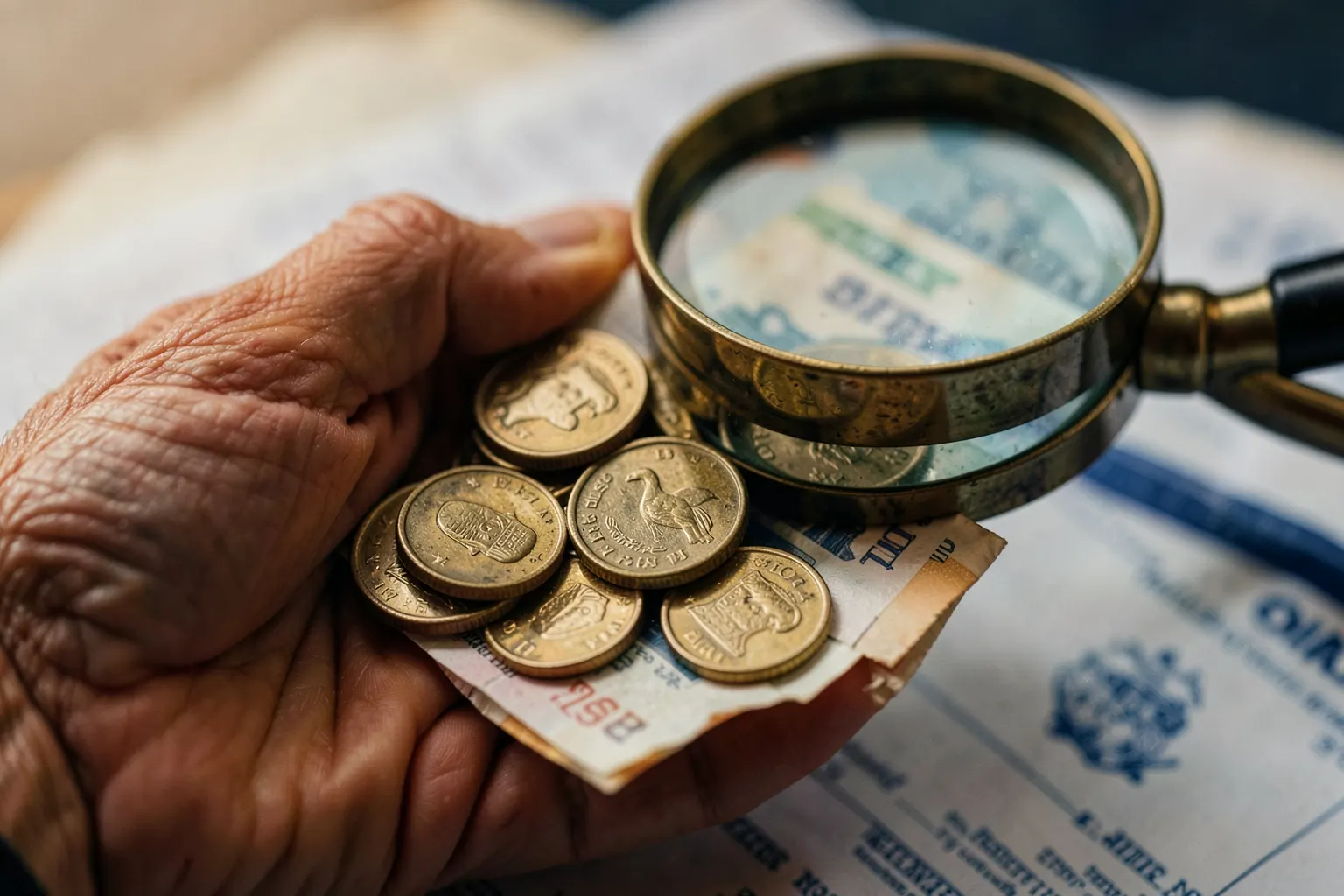 Uma mão idosa segurando moedas e notas de dinheiro, com uma lupa sobre elas, em um fundo desfocado de documentos.