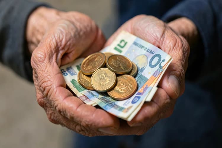 Mãos de um idoso segurando moedas e notas, simbolizando direitos financeiros.