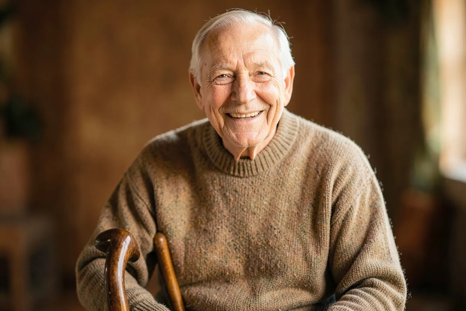 Um idoso sorrindo, com uma bengala ao lado, em um ambiente interno claro.