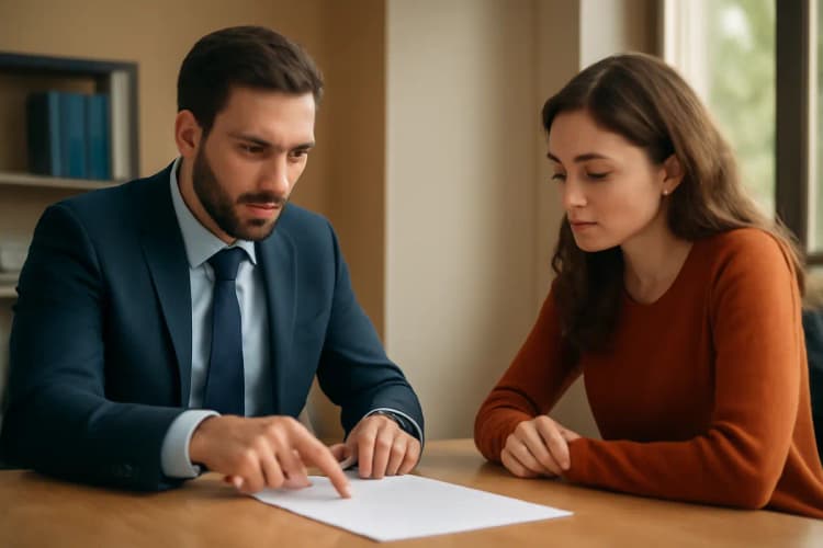 Advogado explicando documentos para cliente em escritório de advocacia previdenciária