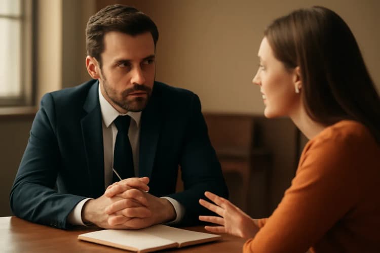 Cliente conversando com advogado previdenciário em sala de reunião