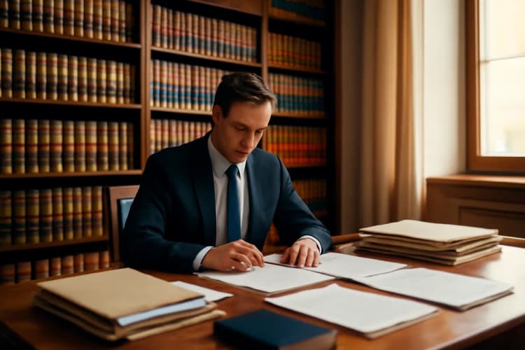 Advogado previdenciário em seu escritório com pilhas de documentos