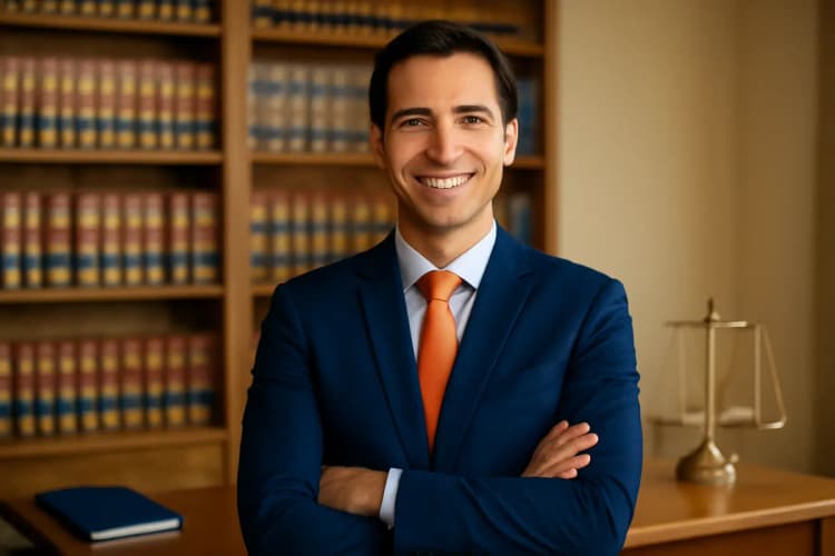 Advogado previdenciário sorrindo para a câmera em seu escritório