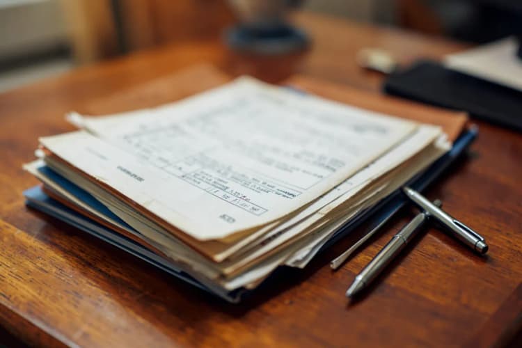 Uma pilha de documentos e formulários em cima de uma mesa de madeira, com uma caneta ao lado.