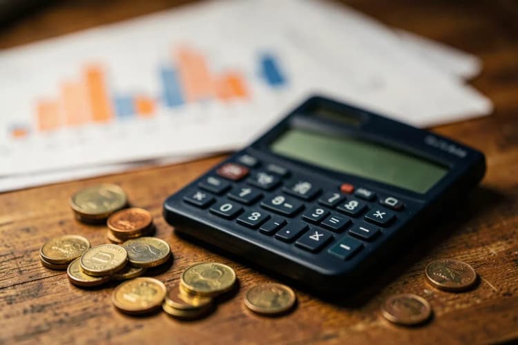 Uma calculadora e moedas em cima de uma mesa, com um gráfico de barras desfocado ao fundo.
