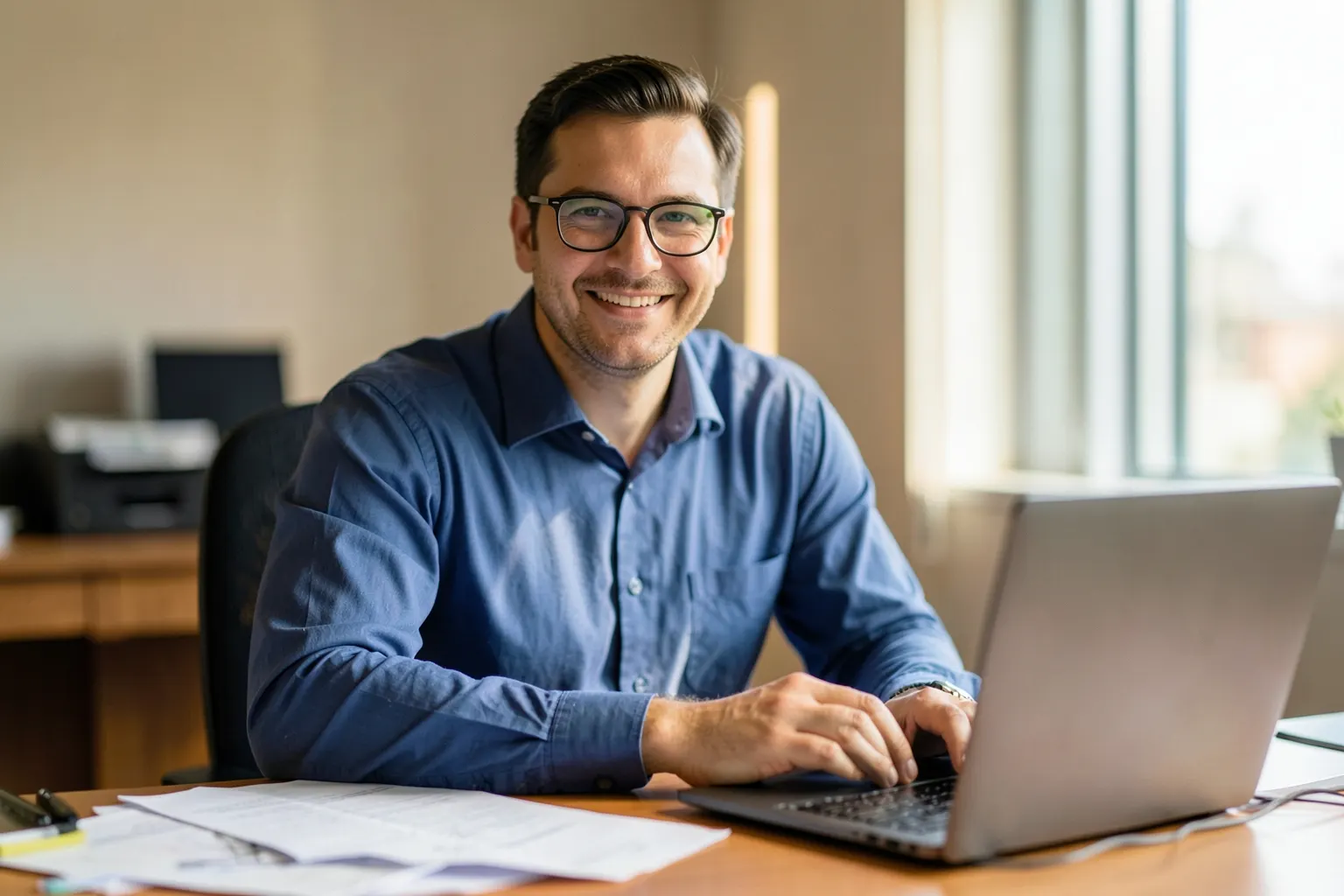 Um homem de óculos, com uma camisa social azul, está sentado em uma mesa de escritório com papéis e um computador, olhando para a câmera com um sorriso.