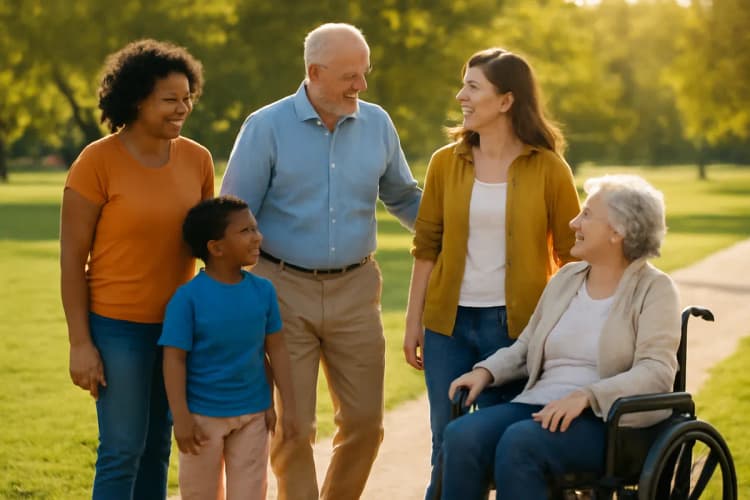 grupo de pessoas diversas em um parque, benefício assistencial