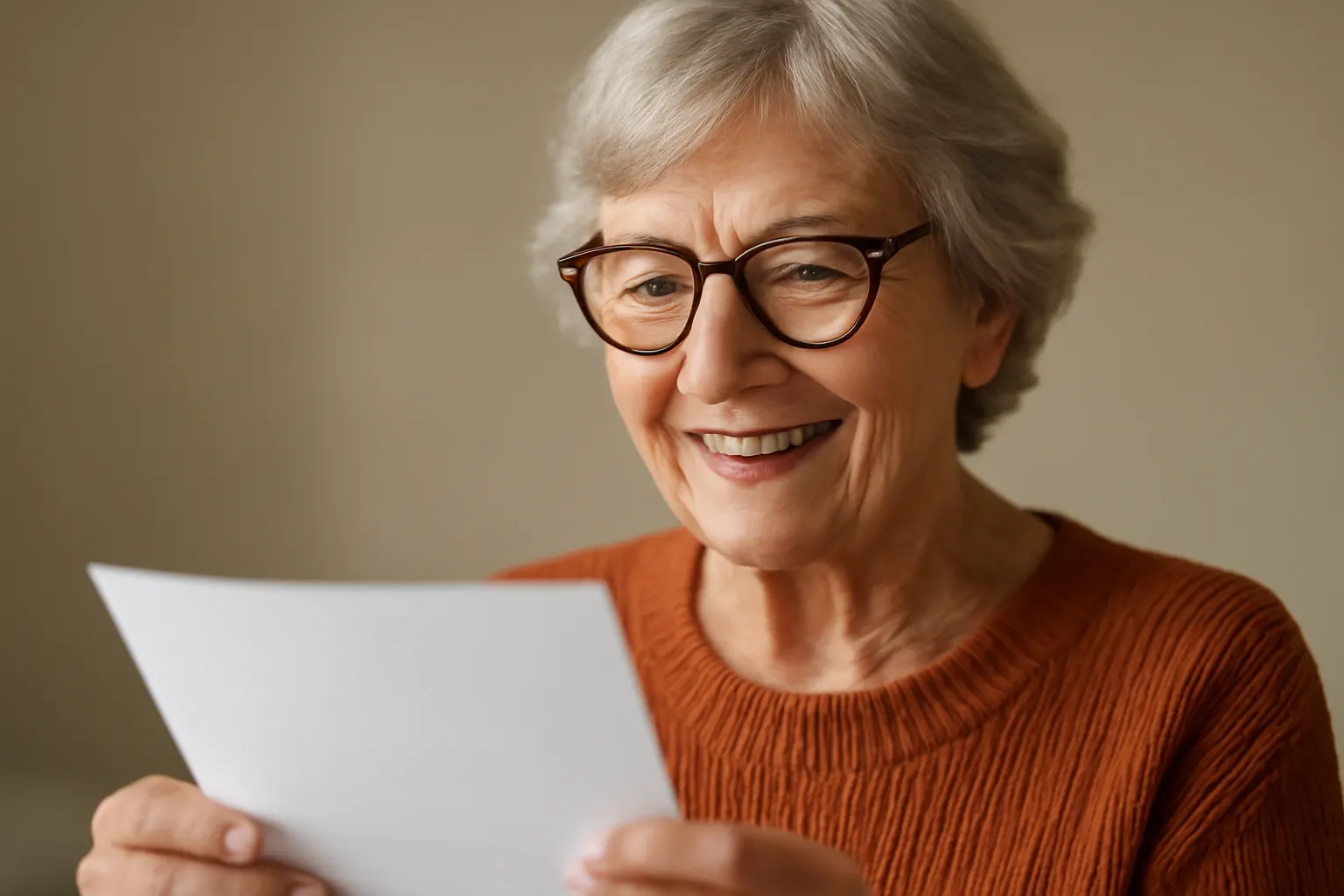 mulher idosa sorrindo com óculos, segurando um documento, benefício assistencial