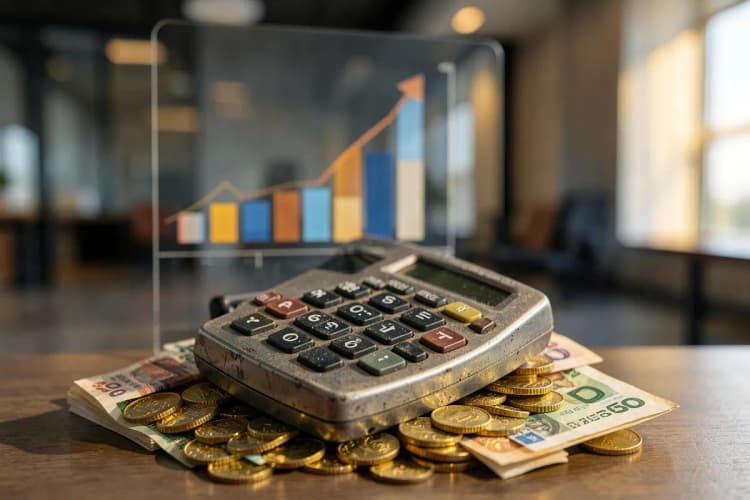 Uma calculadora antiga sobre uma pilha de moedas de ouro e notas de dinheiro, com um gráfico de barras em crescimento ao fundo.
