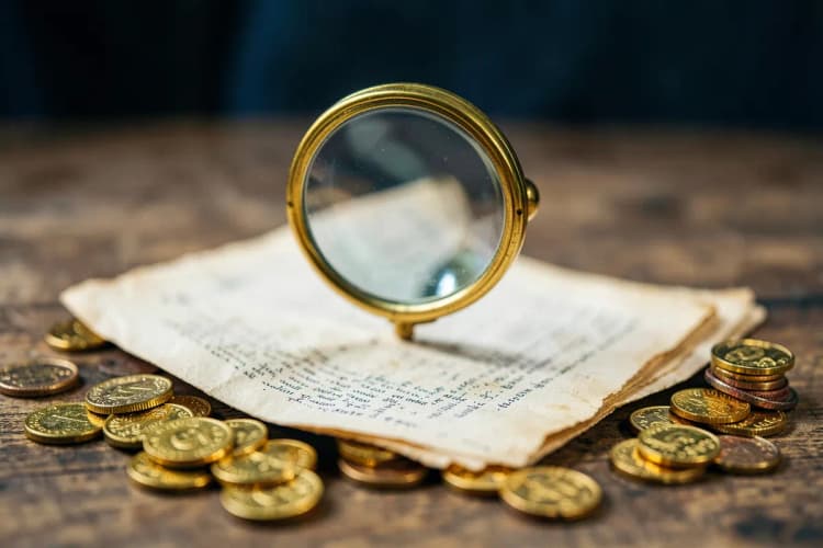 Um consultor examinando um documento com uma lupa, com moedas de ouro espalhadas na mesa.