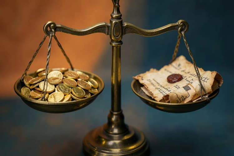 Uma balança de dois pratos com moedas de ouro em um prato e um documento antigo no outro, representando o tempo de contribuição.
