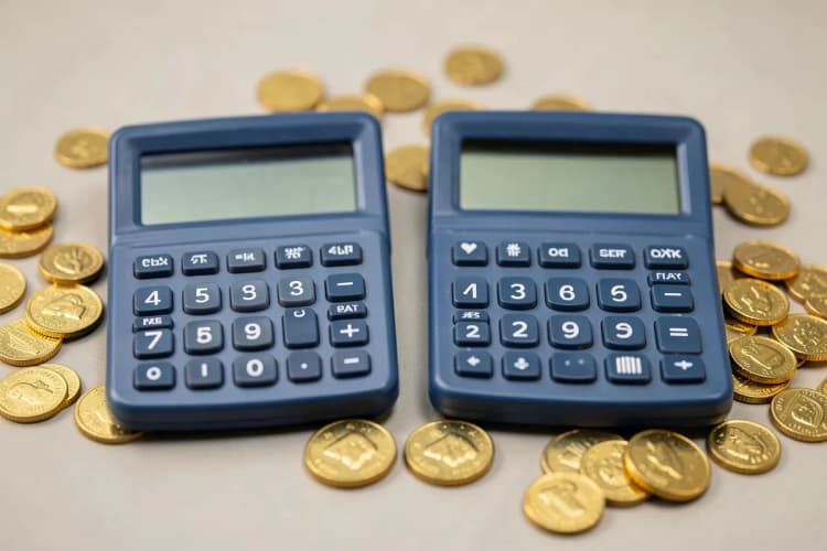 Duas calculadoras lado a lado, uma mostrando um número maior que a outra, com moedas de ouro ao redor.