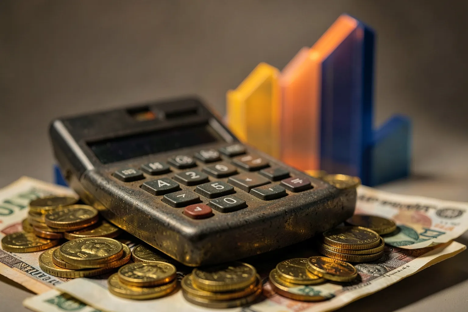 Uma calculadora antiga sobre uma pilha de moedas de ouro e notas de dinheiro, com um gráfico de barras em crescimento ao fundo.