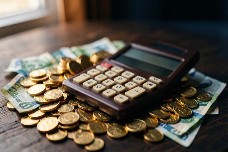 Uma calculadora sobre um monte de moedas de ouro e notas de dinheiro dobradas.