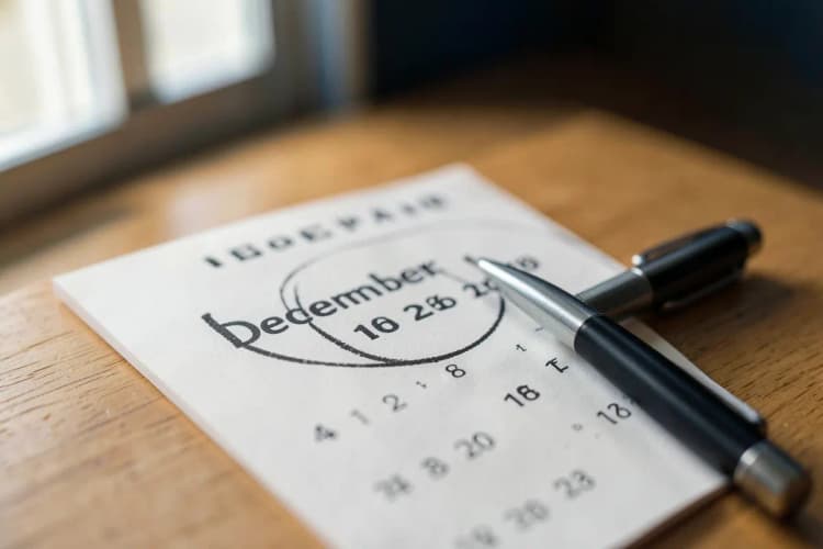 Um calendário com o mês de dezembro marcado, com uma caneta ao lado.