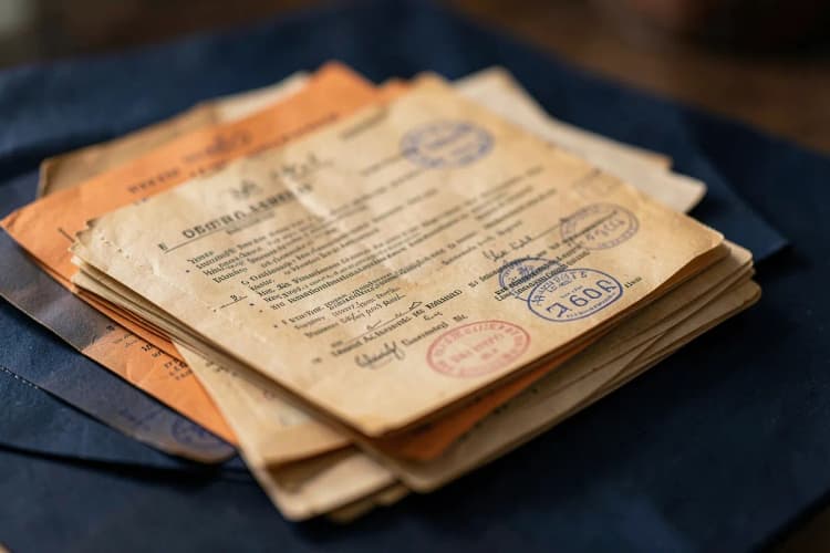 Uma pilha de documentos oficiais com selos e carimbos.