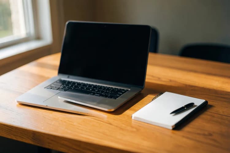 Uma mesa de escritório com um laptop fechado, um bloco de notas e uma caneta.