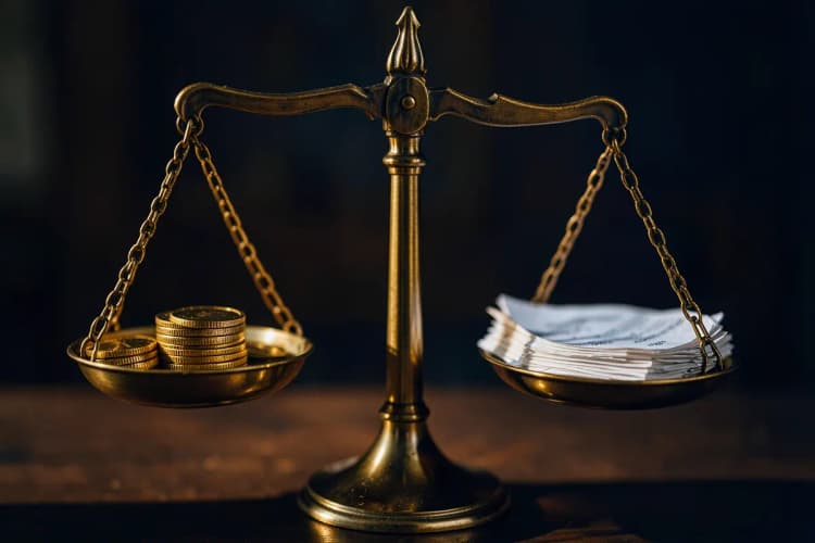 Uma balança da justiça com moedas de ouro e documentos ao redor, representando a análise de fatores em um processo.