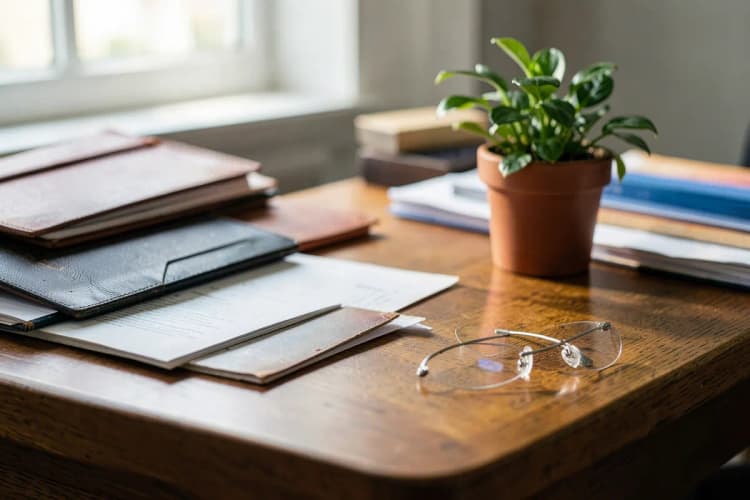 Uma pessoa organizando papéis e documentos em uma mesa de escritório, com uma planta pequena ao lado.