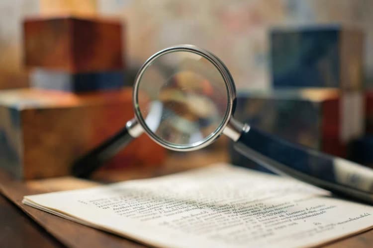 Uma lupa examinando um documento detalhado, com um gráfico de barras estilizado ao fundo.