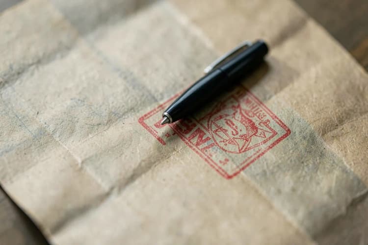 Um documento oficial com um carimbo e uma caneta ao lado, representando a burocracia do INSS.