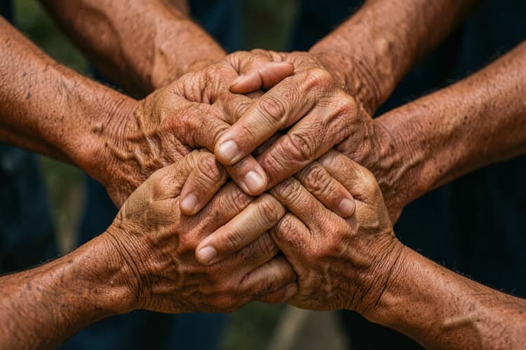 Um grupo de pessoas de mãos dadas em um círculo, simbolizando a família e os dependentes.