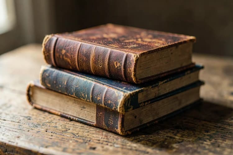 Uma pilha de livros antigos sobre uma mesa de madeira, representando a legislação e as regras.