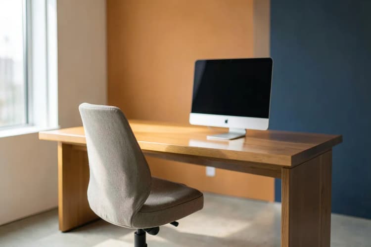 Um escritório moderno com uma mesa, cadeira e um computador desligado.